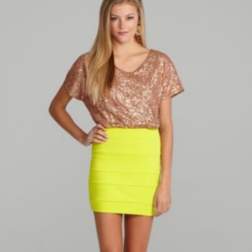 Rose Gold Sequin Neon Chartreuse Bandage Mini Dess - Cocktail Party Clubbing S